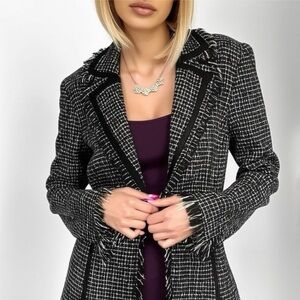 BISOU BISOU Michelle Bohbot Tweed Fringe Black Blazer Jacket Women’s Sz 6 Small